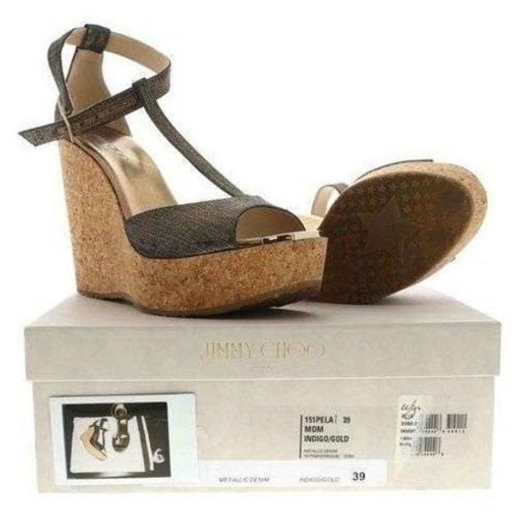 Jimmy Choo Shoes - Jimmy Choo Metallic Denim Wedge Sandals Indigo Gold Size 39